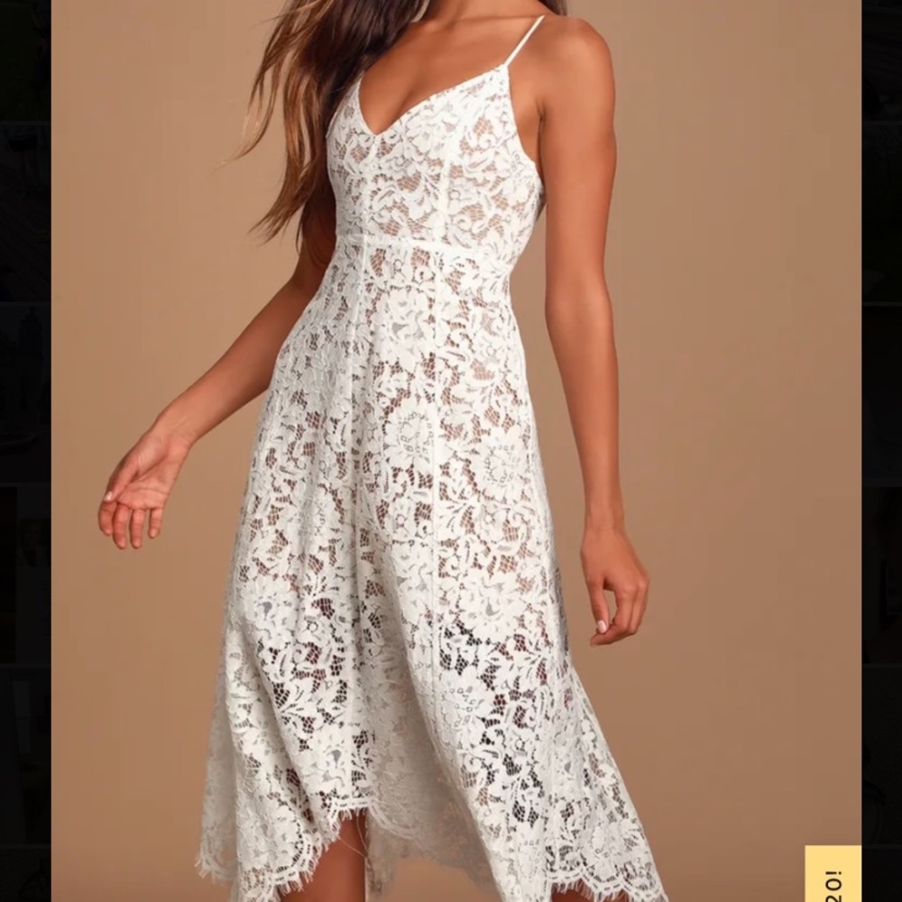 Lulu’s One Wish White Lace Midi Dress